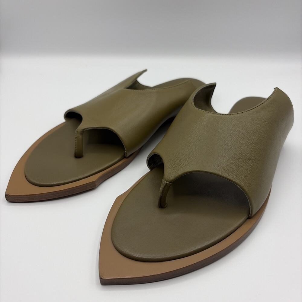 Tibi NWOB Women's Gerard Sandal Lamb Leather Toe Khaki Shoe Size 37.5 Italy READ